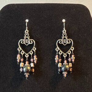 Handmade Chandelier Earrings - Purple & Black Hearts